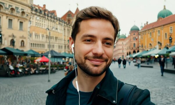 Canadian Man Streaming Music While Strolling in Budapest