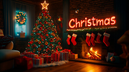 Festive Holiday Decor with Glowing Christmas Neon Sign, Cozy Fireplace, and Decorated Tree in a Traditional Living Room Setting