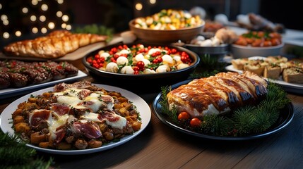 Obraz premium Elaborate Winter Feast with Traditional Holiday Foods and Warm Ambiance