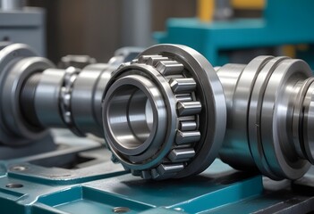 Fototapeta premium Close-up of a metal industrial machine part, likely a bearing or gear, with a shiny metallic surface and intricate mechanical details