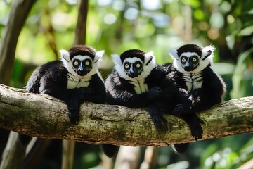 Obraz premium Three black-and-white lemurs resting on a branch in a lush green environment.