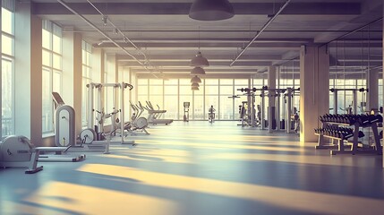 Expansive modern gym interior, empty and bathed in soft sunlight, pristine workout machines, minimalistic arrangement, large mirrors reflecting the open space, smooth concrete floors,
