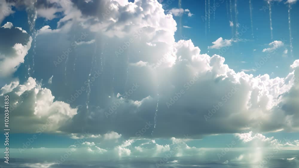 Poster binary code falls from the clouds onto a reflective body of water, binary code raining down from the