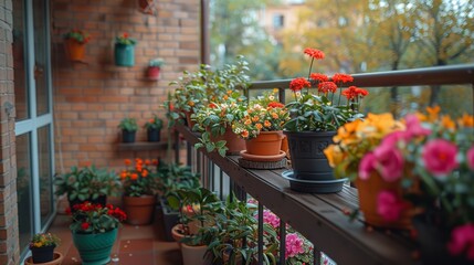 Fototapeta premium A lush array of flowers fills the balcony, showcasing a beautiful blend of colors and greenery in a cozy urban environment under a clear sky