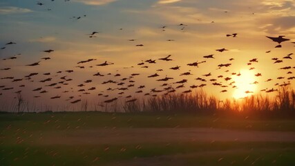 A flock of birds flying in formation against the backdrop of a setting sun. The video is captured in a field of tall grass, Birds flocking together in the darkening sky, their silhouettes stark