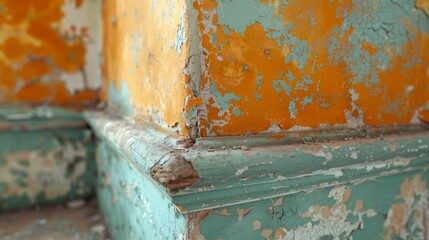 A close-up view captures layers of peeling paint revealing a mix of orange and turquoise, showcasing the beauty of decay in an old building's corner