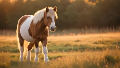 Fototapeta premium A small pony standing in a grassy field with a warm, golden light
