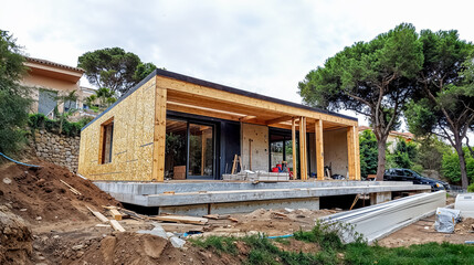 un chantier de construction d'une maison individuelle à ossature en bois