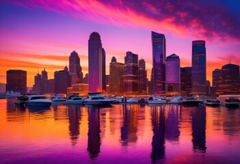 Fototapeta premium stunning dynamic city skyline dawn showcasing vibrant colors illuminated buildings reflecting water, architecture, cityscape, urban, sunrise, lights
