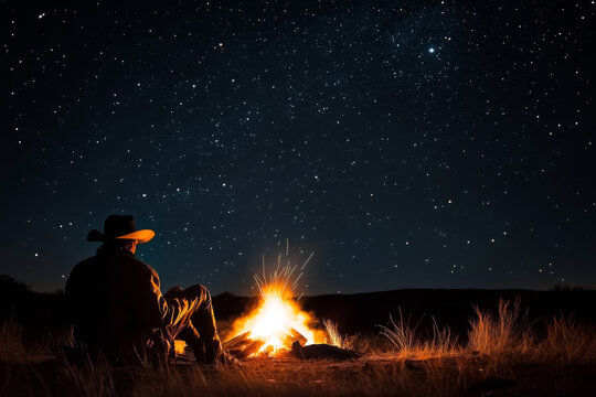 A lone cowboy sits by a warm campfire, gazing at the vast, star-filled sky while enjoying the tranquility of the wilderness at night. - Powered by Adobe