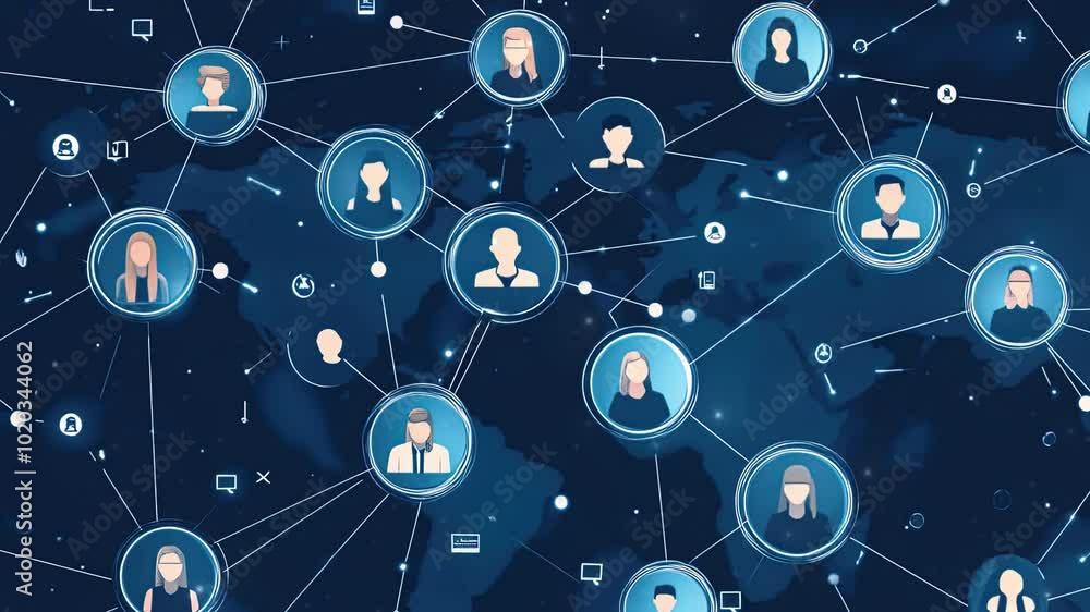 Poster digital map of the world with icons representing people connecting. global network and connectivity 