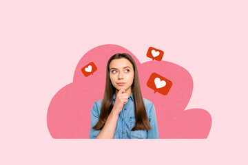 Composite photo collage of minded girl blogger think concept content plan heart like notification dilemma isolated on painted background