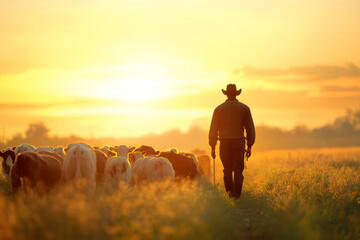 As the sun rises, a farmer walks ahead of his cattle, leading them through a lush meadow filled with sunlight and morning dew. The tranquil atmosphere sets the tone for the day ahead.