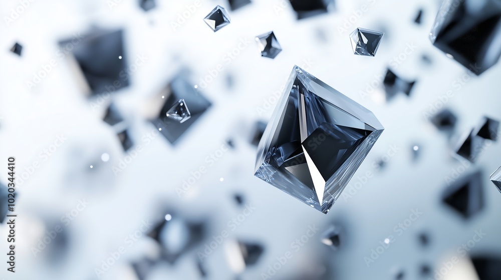 Poster floating glass crystals create a mesmerizing pattern against a soft, blurred background in a serene 