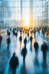 A large group of business people fills a bright glass-walled lobby, moving purposefully as sunlight streams through the windows, creating a dynamic atmosphere.