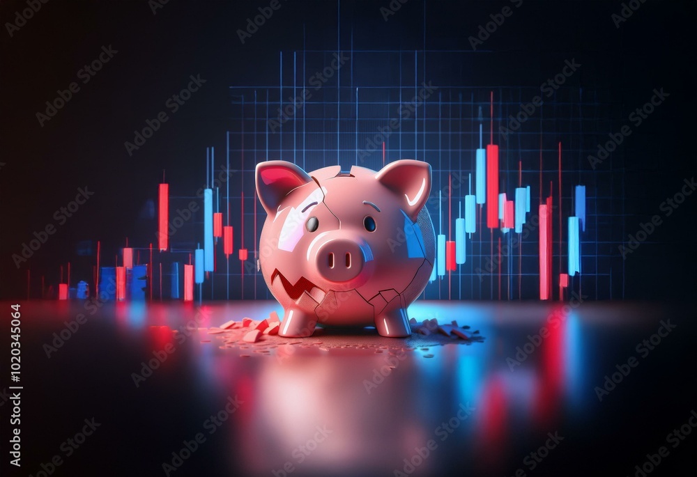 Poster a broken piggy bank sits in front of a chart with red and blue bars, symbolizing financial loss.