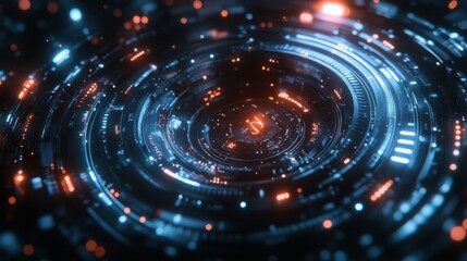Abstract Futuristic Technology Background with Circular Glowing Lines and Orange and Blue Lights