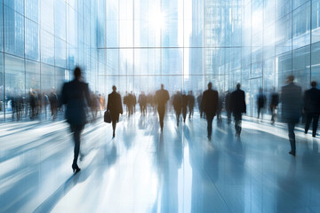 A large group of business people fills a bright glass-walled lobby, moving purposefully as sunlight streams through the windows, creating a dynamic atmosphere.