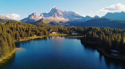 Fototapeta premium Aerial View of Lago Antorno, Dolomites: A breathtaking aerial view of Lago Antorno in the Dolomites, Italy, with its pristine waters and surrounding alpine peaks.