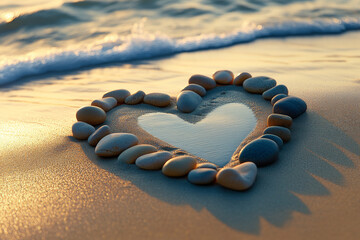 A collection of smooth pebbles is thoughtfully arranged in a heart shape along the sandy beach as gentle waves wash over them during sunset.