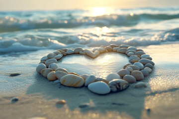 A collection of smooth pebbles is thoughtfully arranged in a heart shape along the sandy beach as gentle waves wash over them during sunset.
