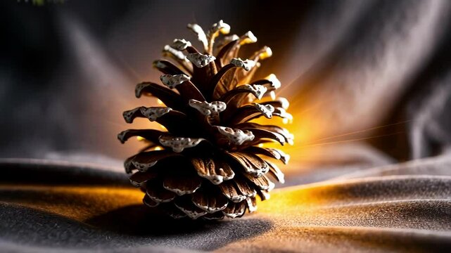A beautifully lit pinecone sits on dark fabric, highlighting its intricate texture and creating a serene, artistic atmosphere