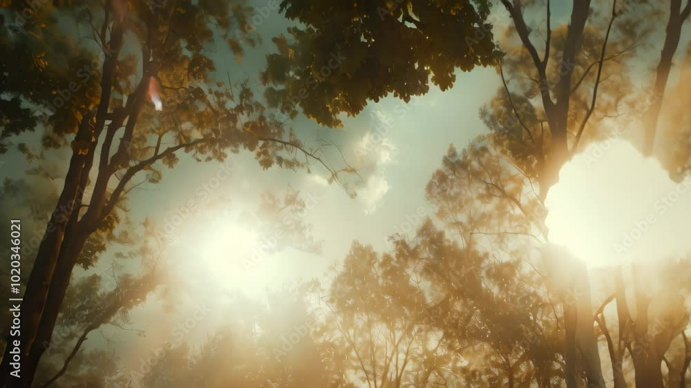 Poster a view of the sky looking up through the branches of trees on a misty morning, blowing through the t