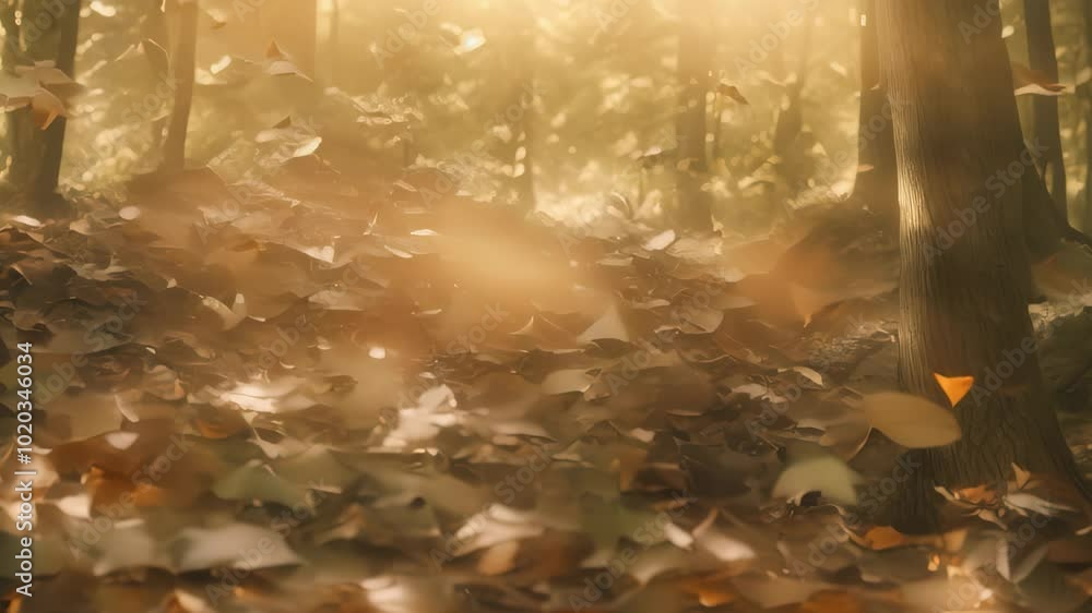 Poster a misty forest scene with leaves blowing through the trees on a bright day, blowing through the tree