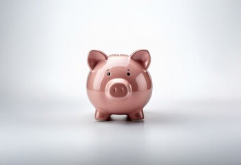 A pink piggy bank sits on a white surface.