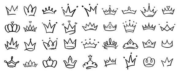 Crown. Hand drawn doodle crowns, including majestic king and queen crowns, each embodying royal elegance and artistic flair