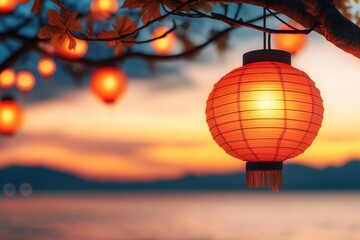 Obraz premium vibrant red Chinese lantern illuminates serene landscape during Mid Autumn Festival, casting warm glow against tranquil backdrop of mountains and water