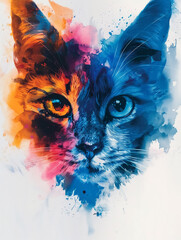 vibrant and artistic depiction of cats face, blending colors like orange, blue, and purple, creating stunning watercolor effect. expressive eyes draw attention