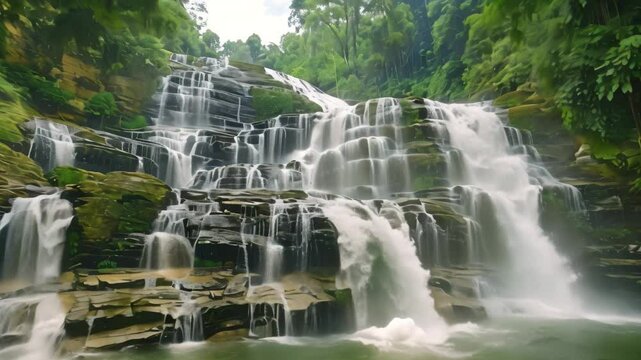 A breathtaking view of a multi-tiered waterfall flowing through a verdant forest, Breathtaking views of cascading waterfalls