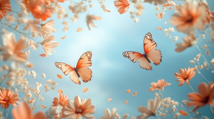 Two Butterflies Flying Among Peach-Colored Flowers and Petals