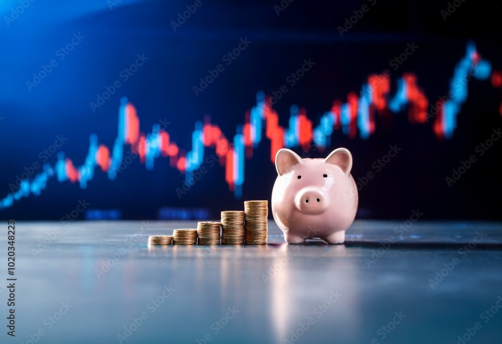 Poster a pink piggy bank sits next to a stack of coins on a table, with a blurred stock market graph in the