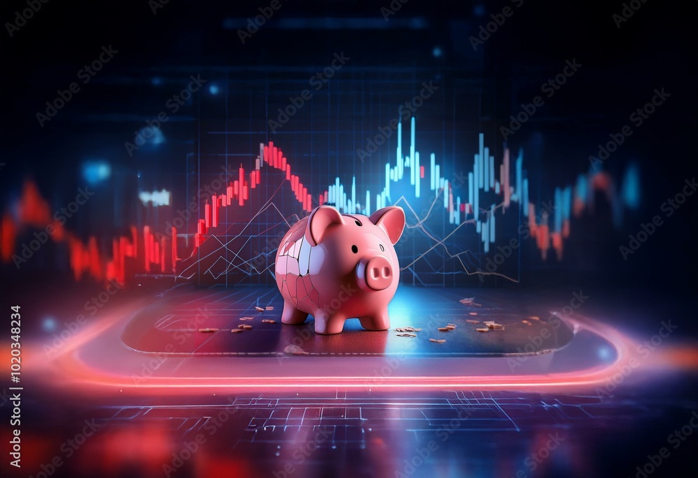 Aufkleber a cracked piggy bank sits on a platform with scattered coins in front of a red and blue stock chart.