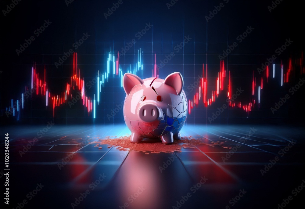 Aufkleber A broken piggy bank sits on a dark surface, with glowing red and blue lines creating a graph-like pattern in the background.