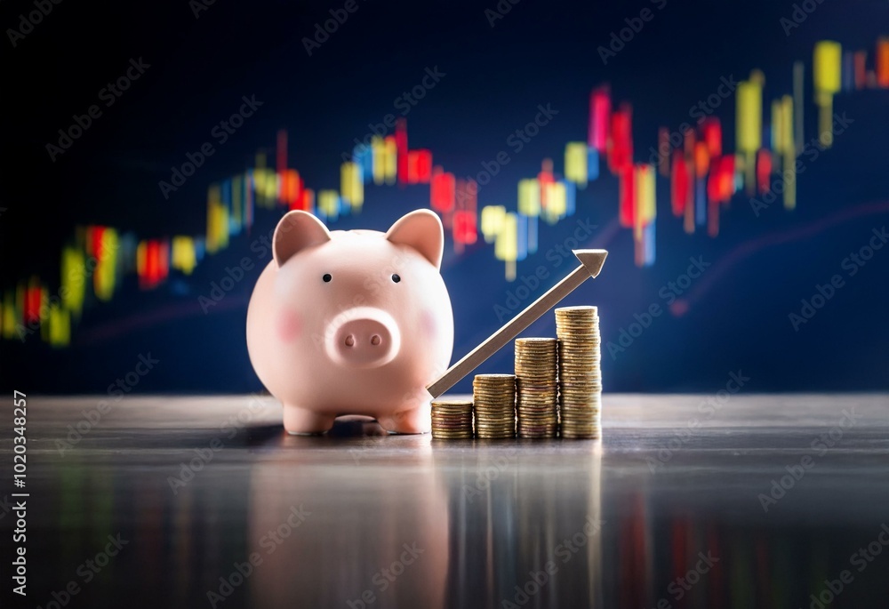 Poster a pink piggy bank sits on a table with a stack of gold coins and an arrow pointing upwards, against 