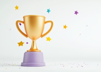 Fototapeta premium 3d golden trophy cup and stars, confetti around in cartoon style. concept of victories or reward for achieving goals. realistic illustration isolated on white background. 3d rendering