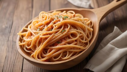 Cooked spaghetti in a wooden bowl , close-up view