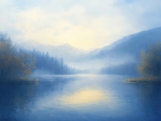 Fototapeta premium Misty lake with mountains in the distance.