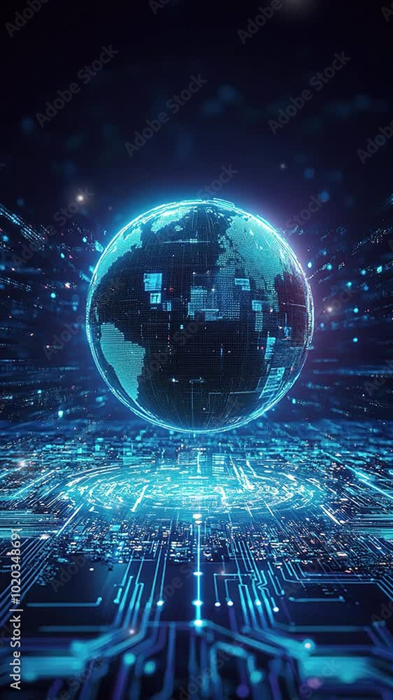 Poster global connectivity. abstract digital world with glowing circuit board and globe. digital technology