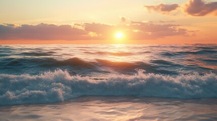 Sunset over ocean waves crashing on shore.