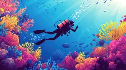 Scuba diver exploring colorful coral reef.