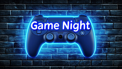 A neon sign reading "Game Night" glowing brightly against a dark brick wall background. Ideal for promoting casual gaming events, social gatherings, or entertainment venues.