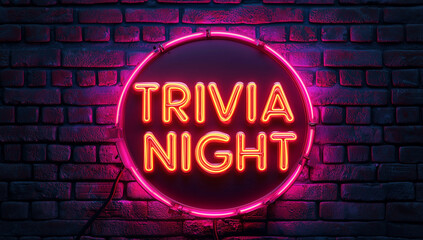 A neon sign reading "TRIVIA NIGHT" glowing brightly against a dark brick wall background. Perfect for promoting trivia events, game nights, or bar entertainment.