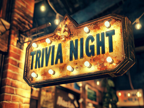 The words "TRIVIA NIGHT" in large, glowing bulb letters set against a dark background. This design creates an elegant, retro atmosphere, perfect for promoting trivia events or game nights.