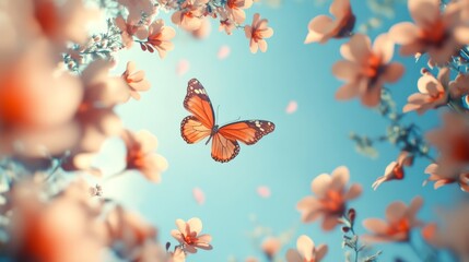 A Monarch Butterfly Flying Through a Springtime Blossom