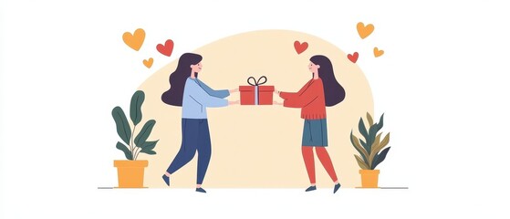 Two women joyfully exchanging a gift, surrounded by love symbols and plants, illustrating a celebration of friendship or special occasions.
