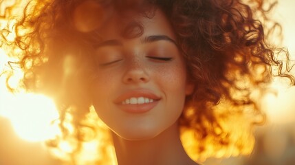 A person joyfully tossing their curly hair, with bright sunlight